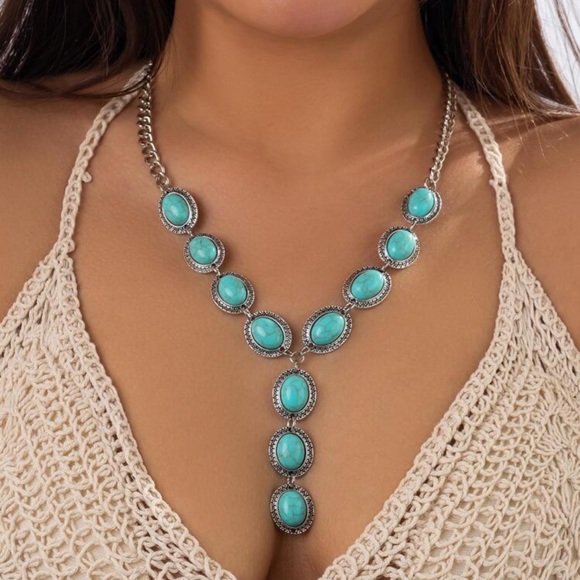 Jewelry - Turquoise, Lab created, Y Lariat Silver tone Vintage Look Boho Western Necklace